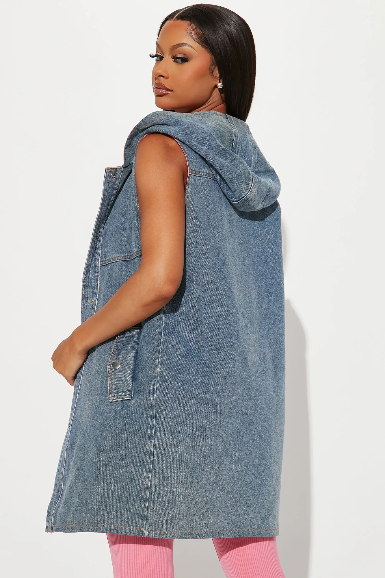 Bella Reversible Hooded Denim Vest - Medium Wash