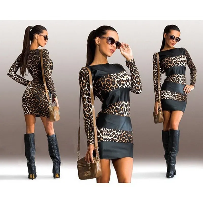 Bodycon Leopard Leather Splice Long Sleeve O-neck Mini Dress