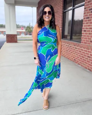 Chelsea One Shoulder Dress in Blue/Green