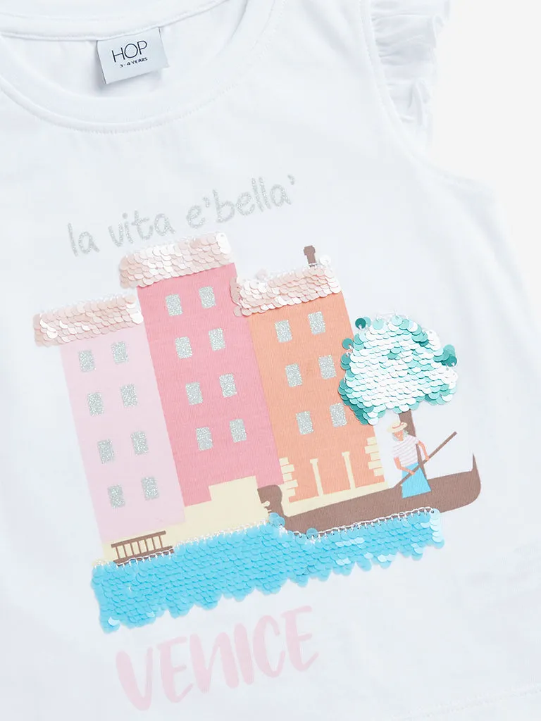 HOP Kids White Text Pattern Ruffle Sleeve Cotton Top
