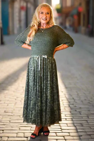 Look Mode Olive Leopard Print Long Tulle Skirt