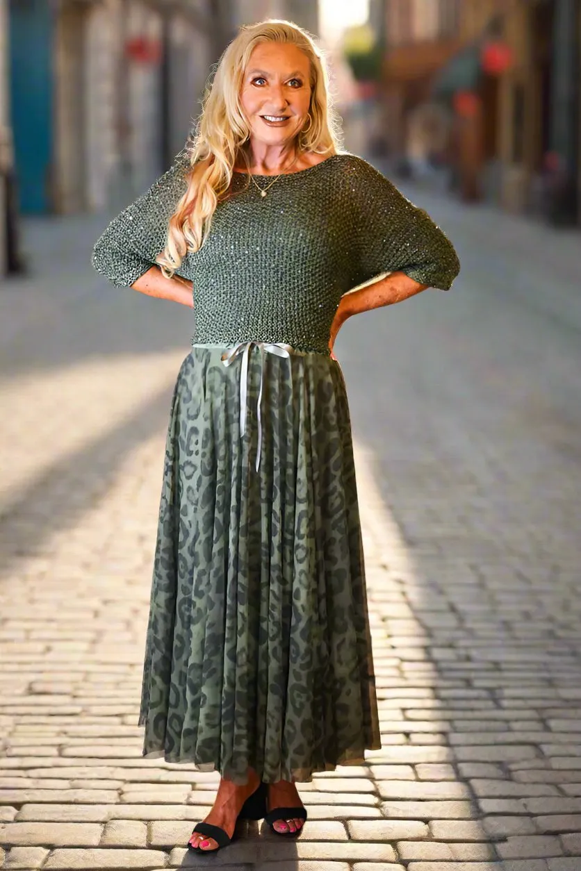 Look Mode Olive Leopard Print Long Tulle Skirt