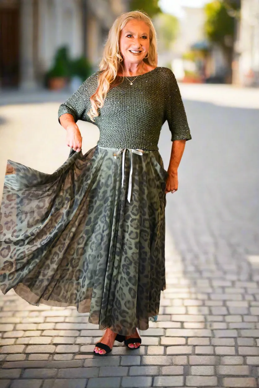 Look Mode Olive Leopard Print Long Tulle Skirt