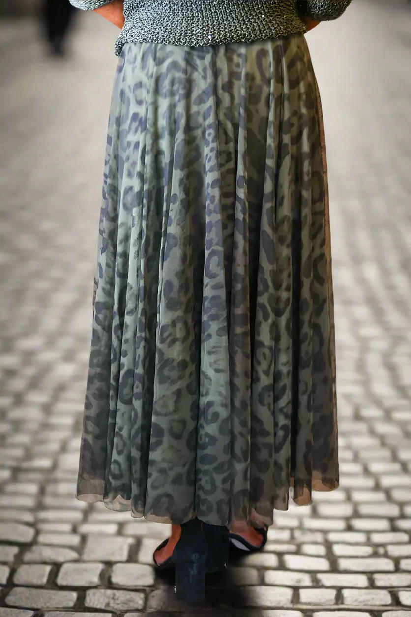 Look Mode Olive Leopard Print Long Tulle Skirt