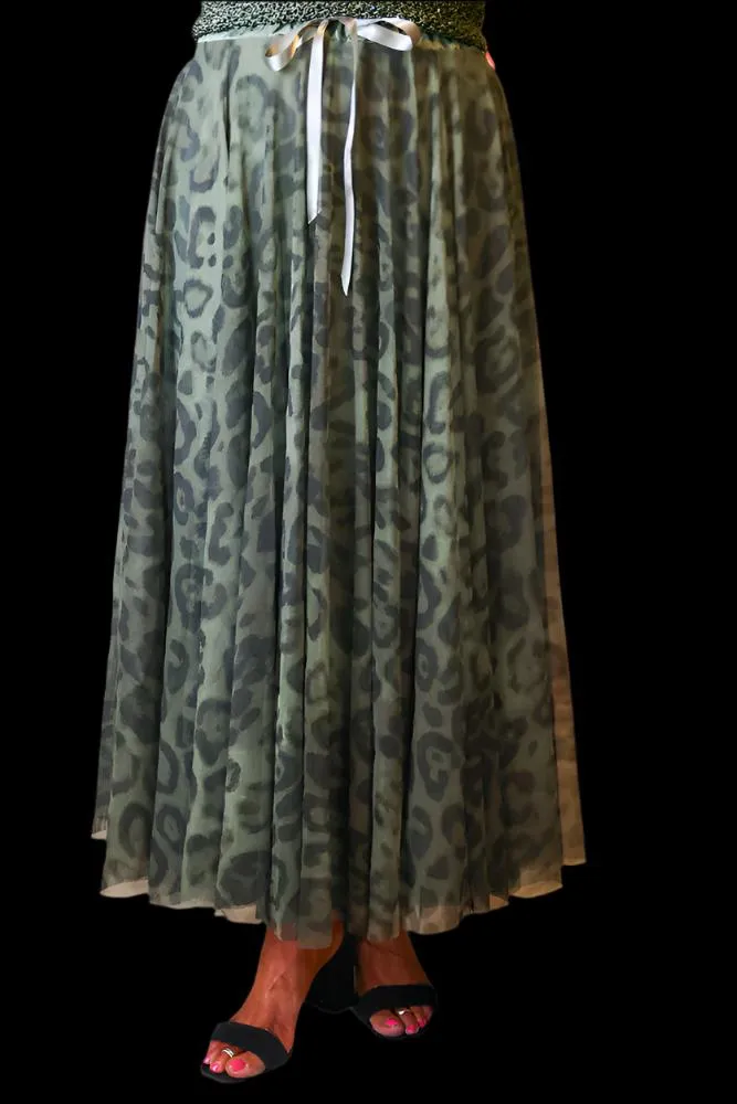 Look Mode Olive Leopard Print Long Tulle Skirt