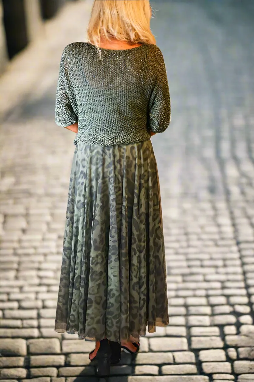Look Mode Olive Leopard Print Long Tulle Skirt