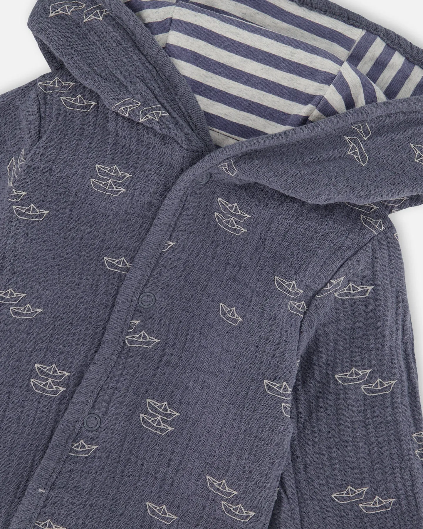 Reversible Organic Cotton Hooded Jacket Navy Striped Blue