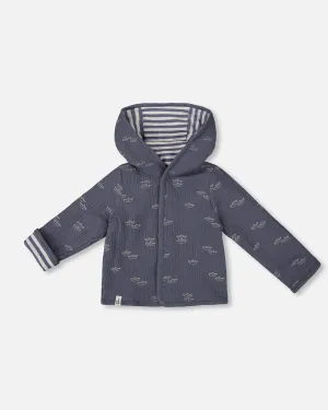 Reversible Organic Cotton Hooded Jacket Navy Striped Blue