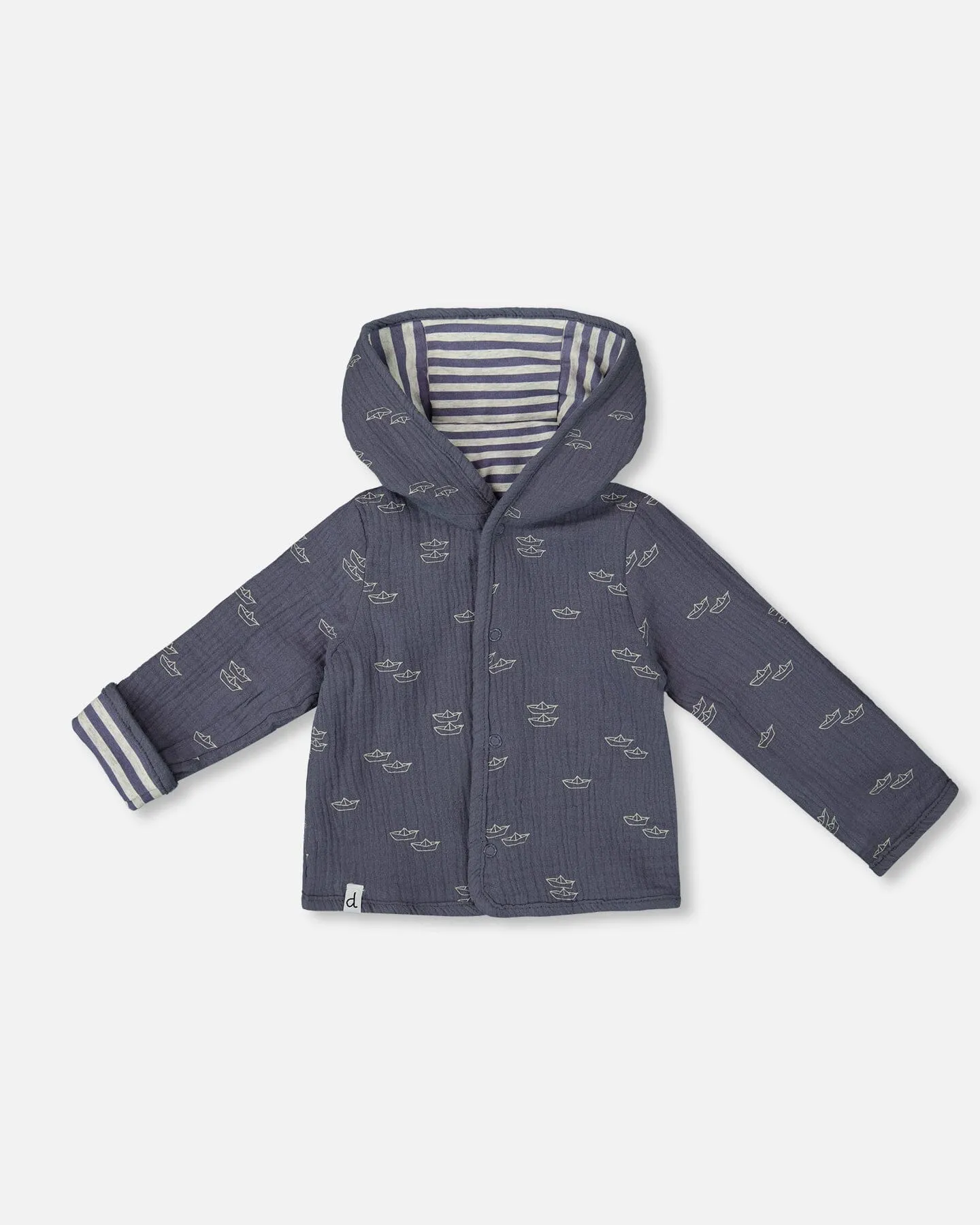 Reversible Organic Cotton Hooded Jacket Navy Striped Blue