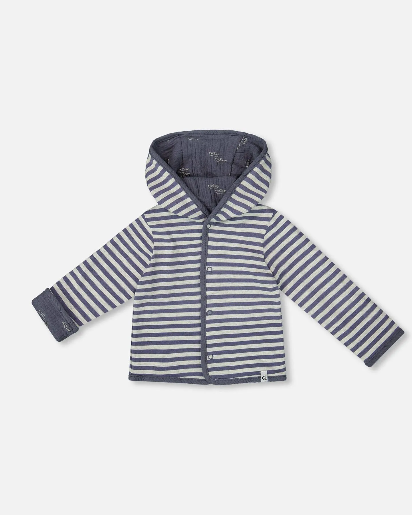Reversible Organic Cotton Hooded Jacket Navy Striped Blue