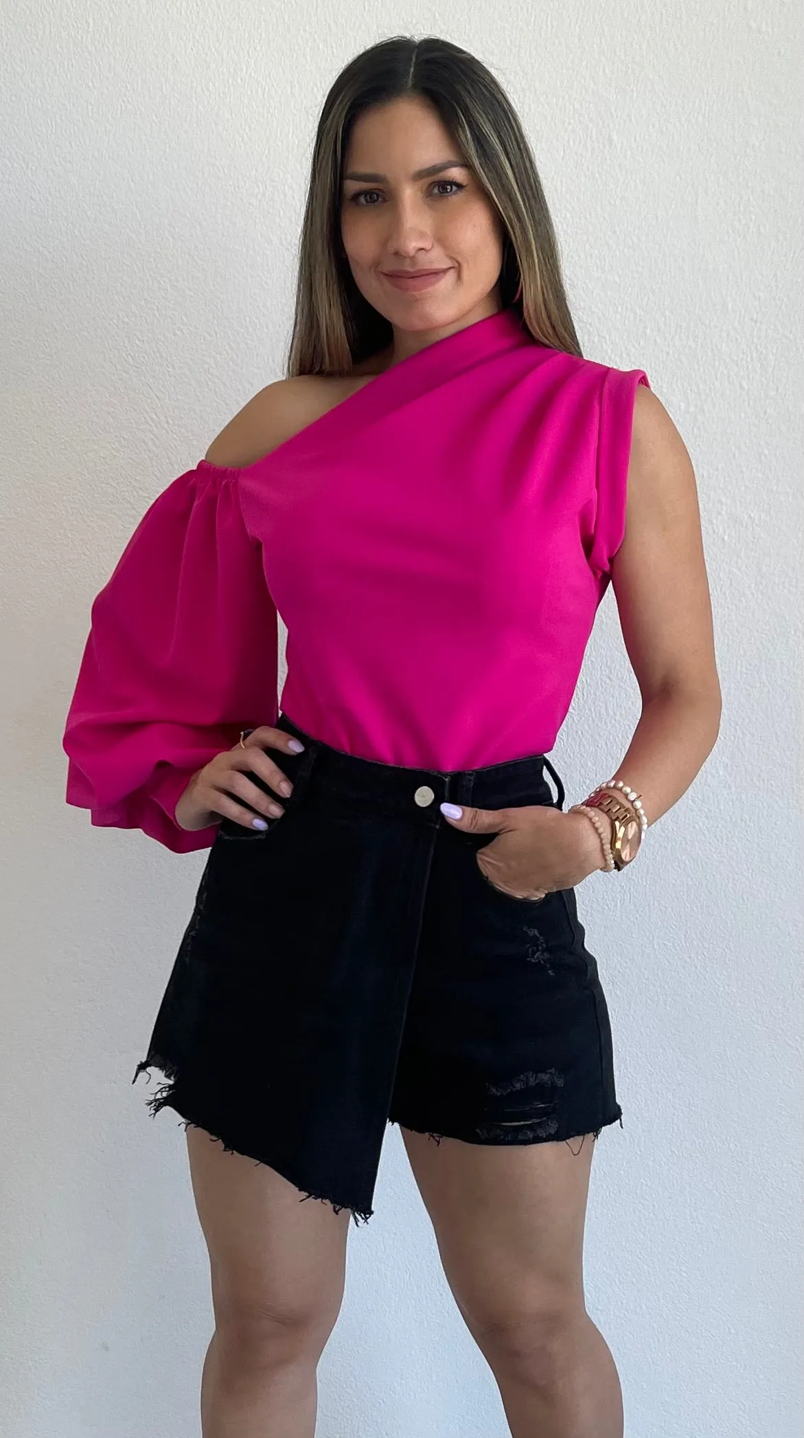 Stylin Babe Fuchsia One-Shoulder Top