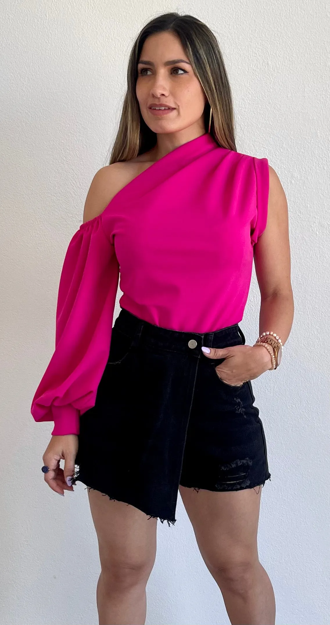 Stylin Babe Fuchsia One-Shoulder Top