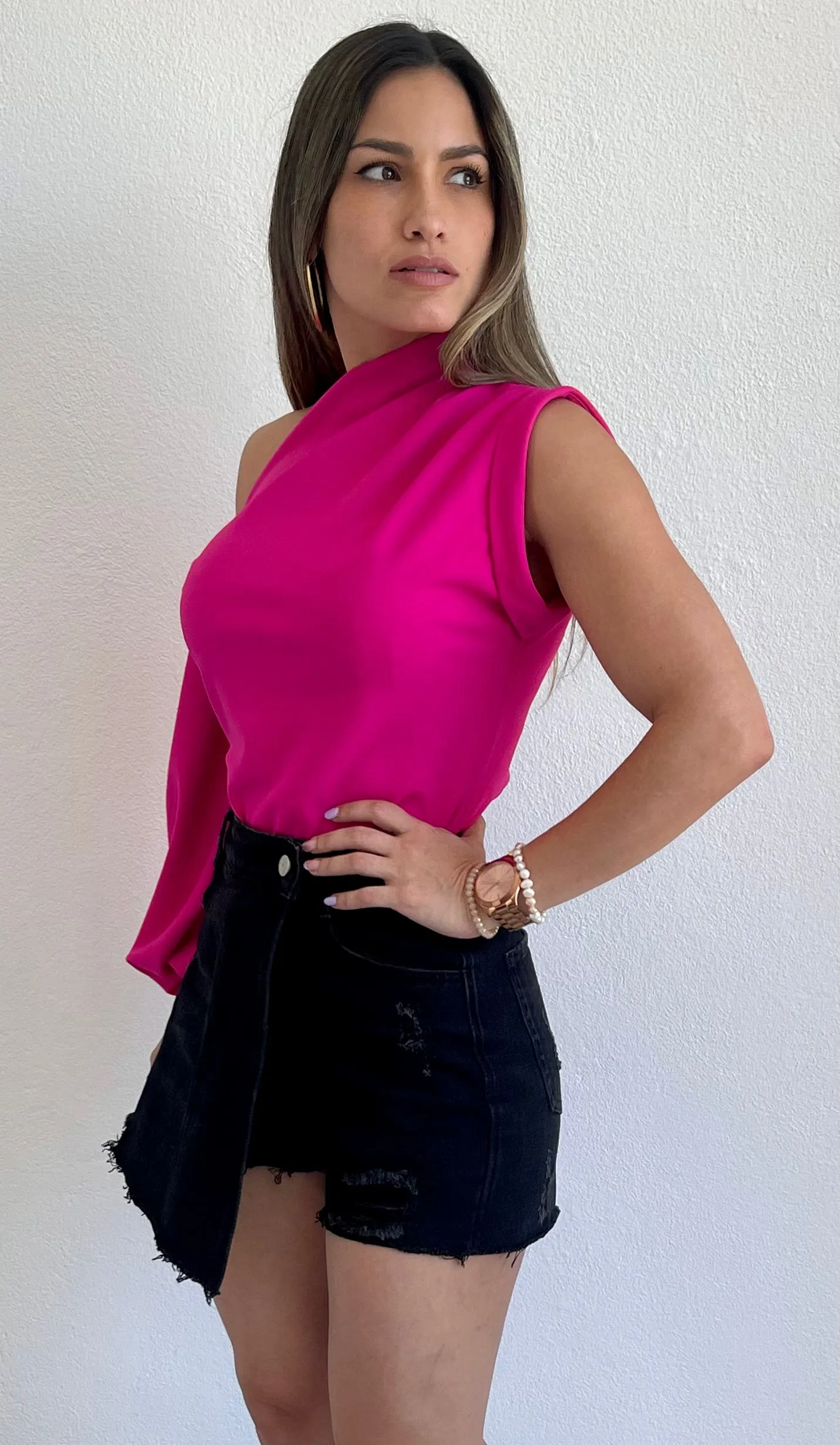 Stylin Babe Fuchsia One-Shoulder Top