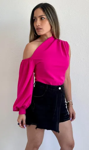 Stylin Babe Fuchsia One-Shoulder Top