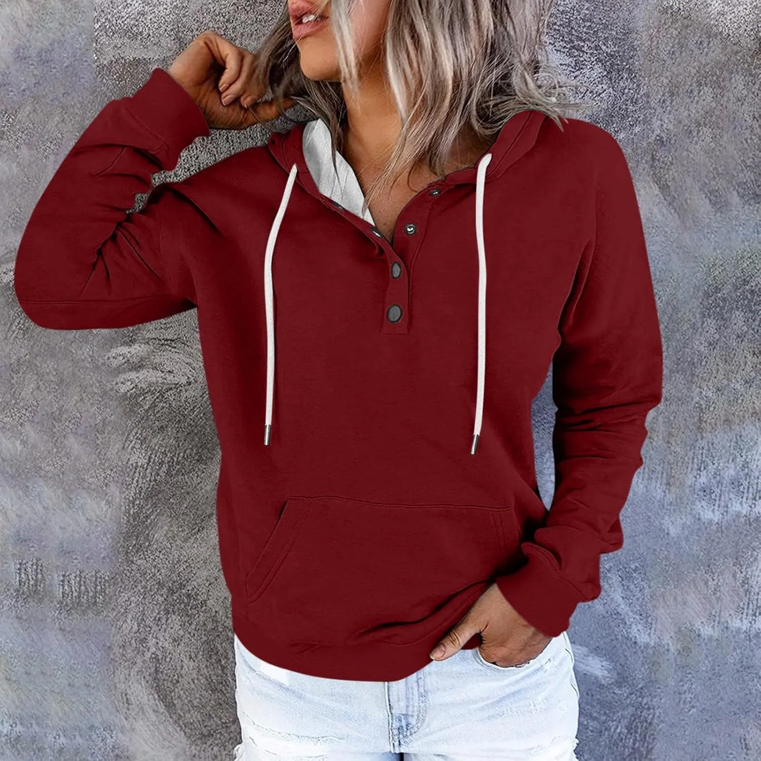 Womens 2024 Hooded Casual Button Collar Drawstring Hoodies Fall Fashion Plain Tunic Hoodies Sweatshirts