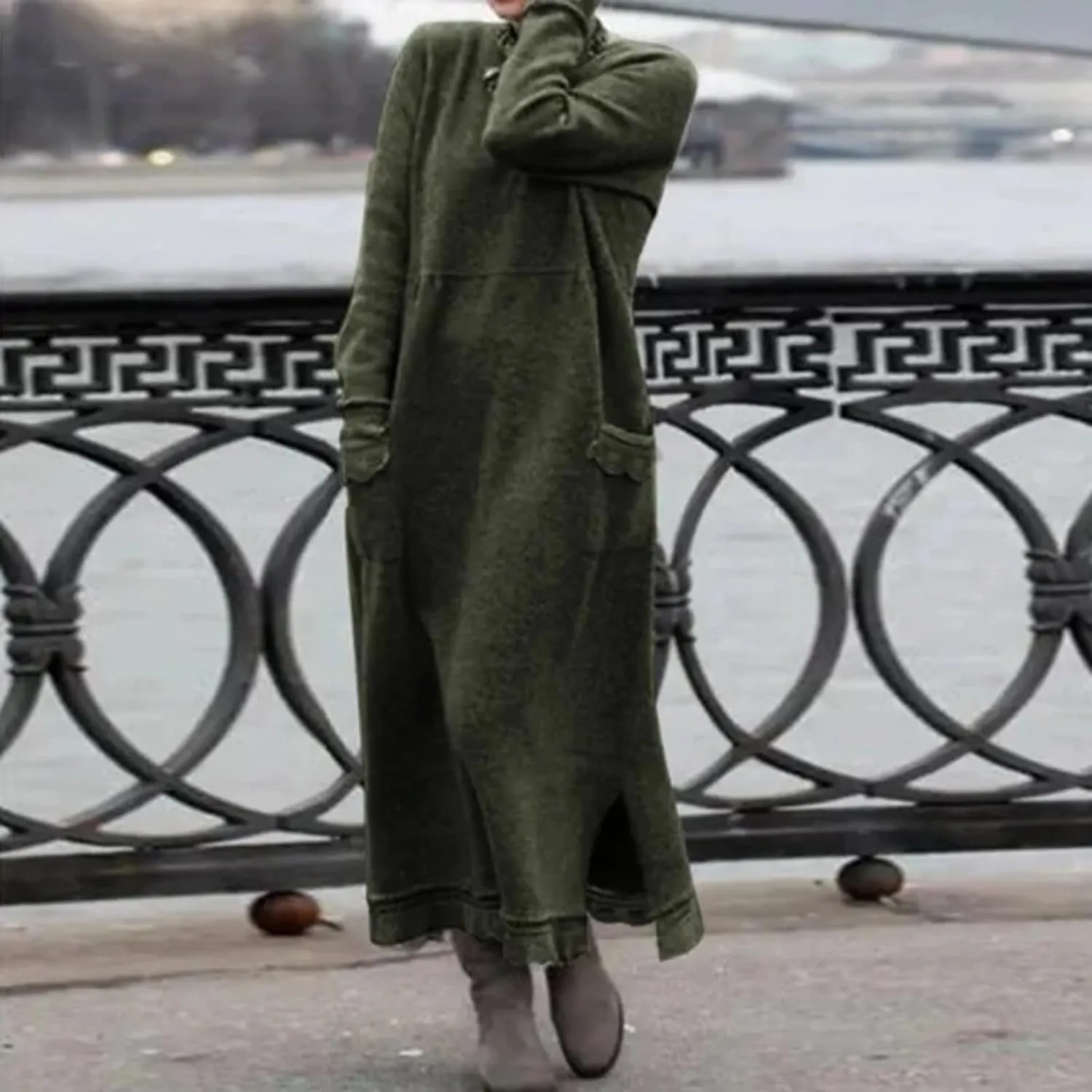 Womens Long Sleeve Sweatshirt Dress Elegant Lace Trim Maxi Dress Muslim Girl Spring Fall Autumn Winter Loose Dress