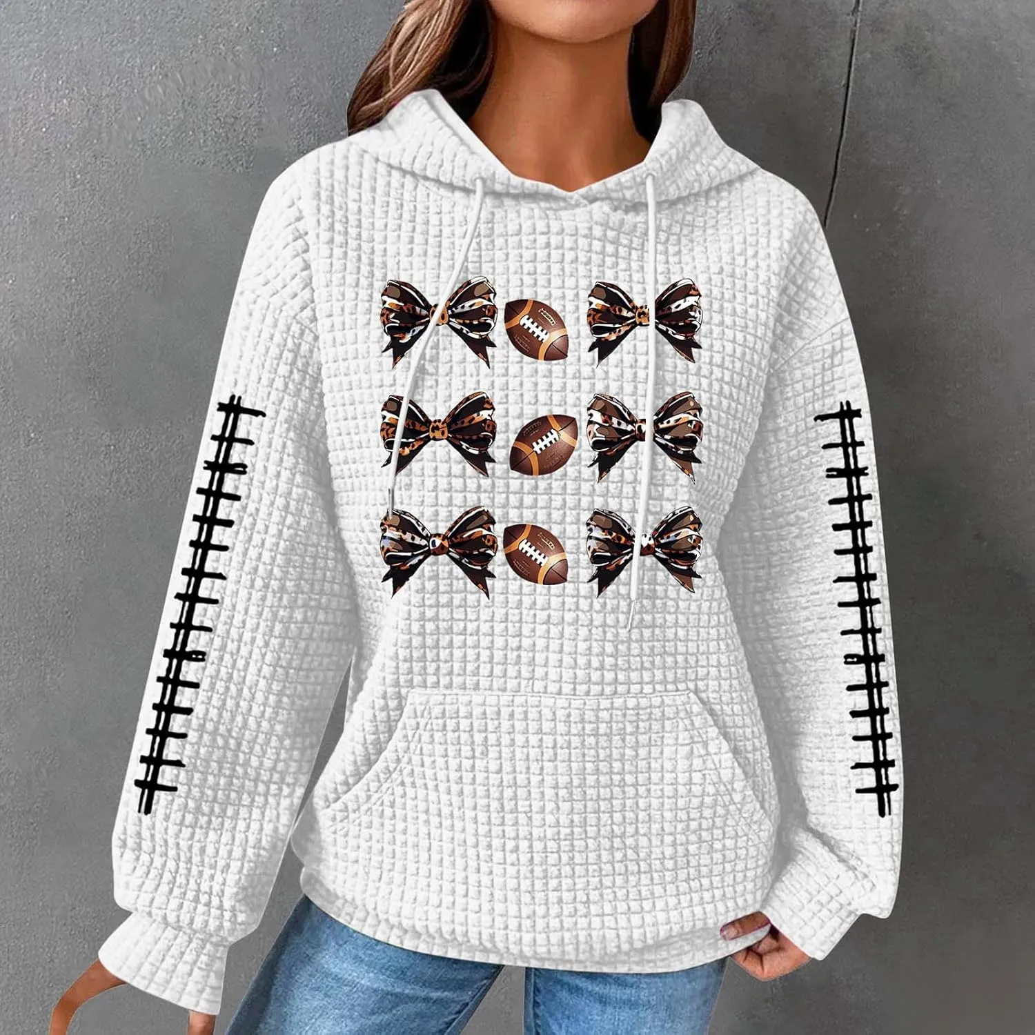 Womens Waffle Knit Hoodies Funny Football Graphic Shirt Game Day Hooded Sweatshirt Casual Pullover Tops 2025