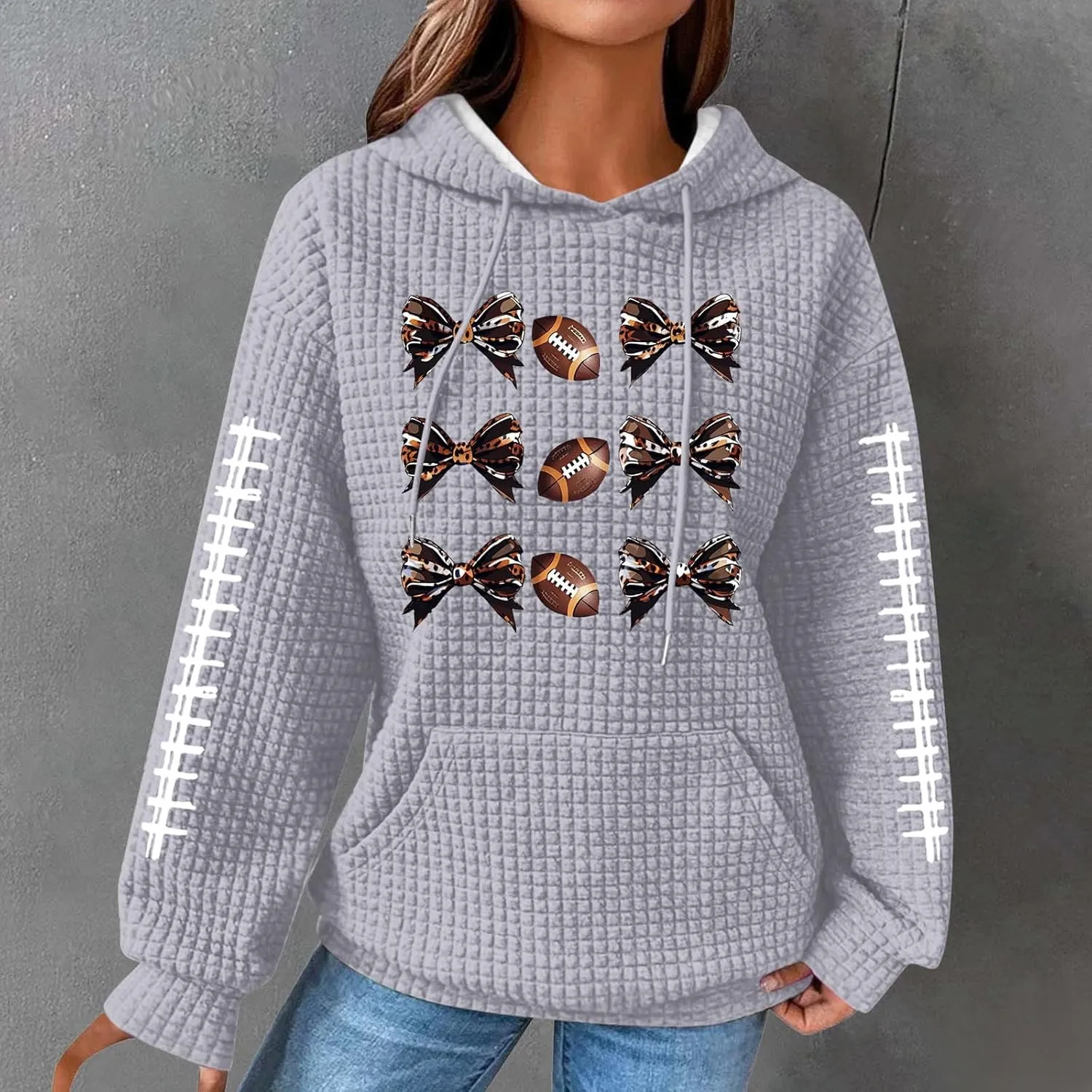 Womens Waffle Knit Hoodies Funny Football Graphic Shirt Game Day Hooded Sweatshirt Casual Pullover Tops 2025
