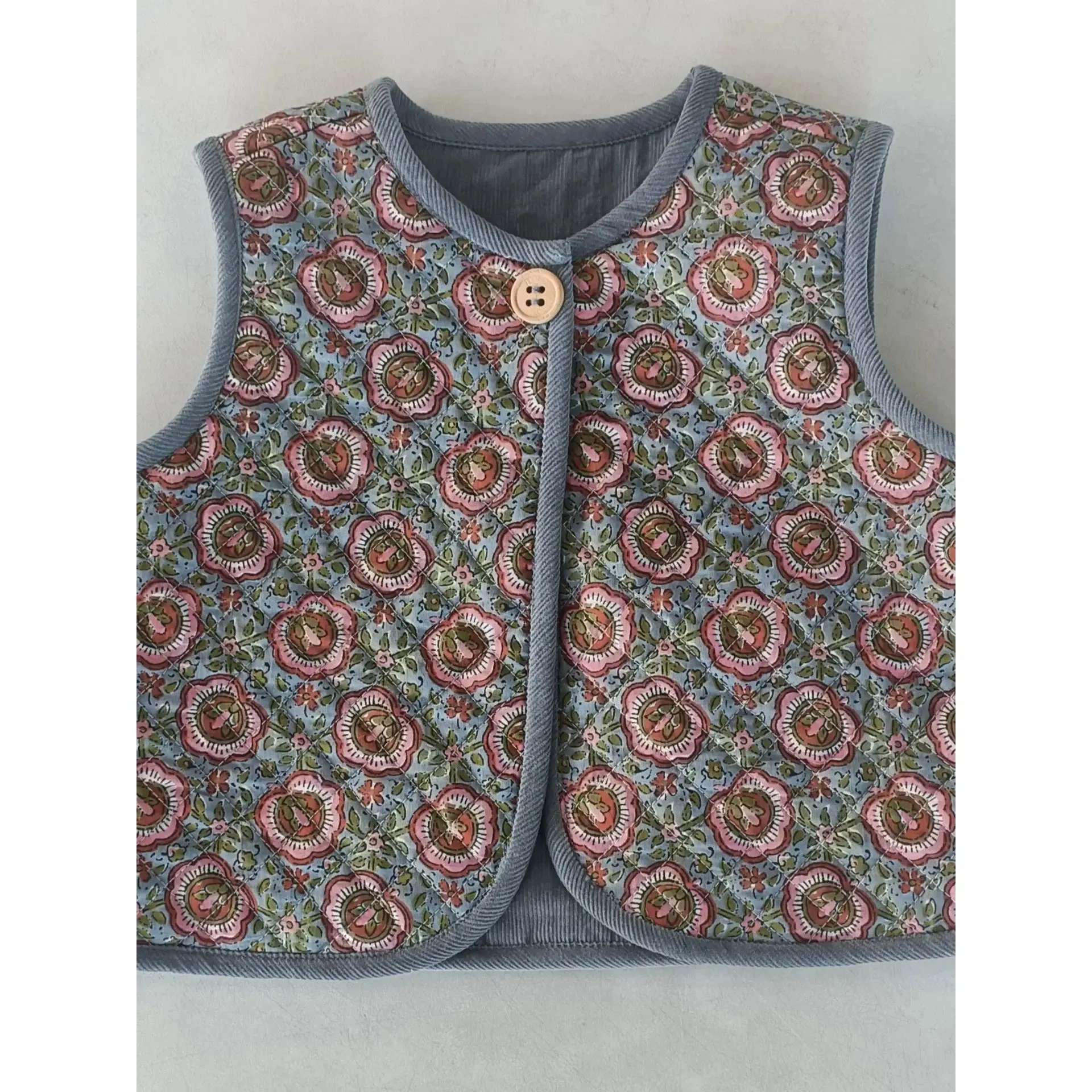 Yo Baby Reversible Solid Grey Corduroy & Grey Floral Print Quilted Vest